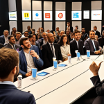 **A vibrant networking event in Paris focused on social entrepreneurship. The scene includes a diverse group of investors, entrepreneurs, and experts engaged in animated discussions. In the foreground, a young, enthusiastic social entrepreneur pitches their project to a receptive investor. The background showcases a modern conference space with "France Investissement" banners. The overall atmosphere is energetic and optimistic.**