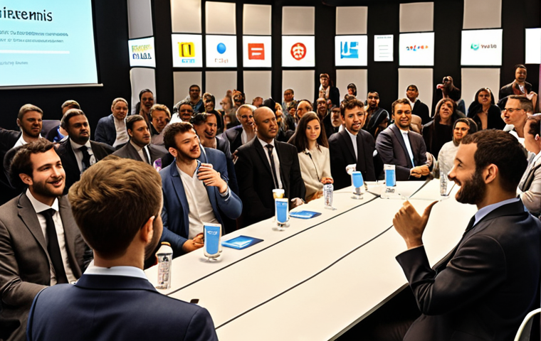 **A vibrant networking event in Paris focused on social entrepreneurship. The scene includes a diverse group of investors, entrepreneurs, and experts engaged in animated discussions. In the foreground, a young, enthusiastic social entrepreneur pitches their project to a receptive investor. The background showcases a modern conference space with "France Investissement" banners. The overall atmosphere is energetic and optimistic.**