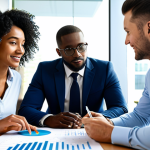 **

A diverse group of professionals collaborating in a modern, sunlit office. They are reviewing impact reports and discussing sustainable investment strategies. Fully clothed, appropriate attire, safe for work. The scene emphasizes teamwork and data analysis with charts and graphs visible in the background. Perfect anatomy, correct proportions, natural pose, professional photography, high quality, modest.

**