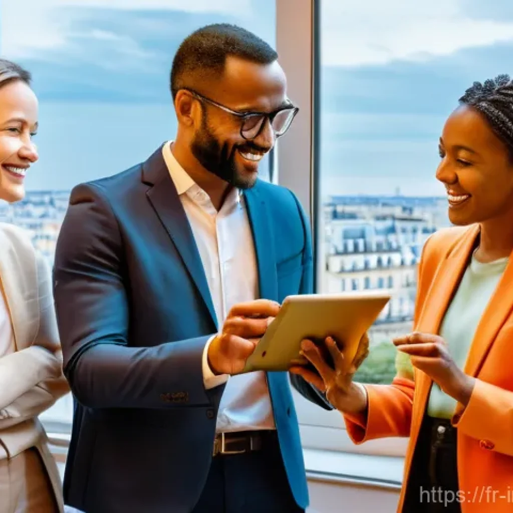 임팩트 투자 펀드 추천 - A vibrant and optimistic scene of impact investing in France. In the foreground, a diverse group of ...