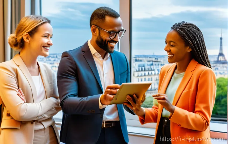 임팩트 투자 펀드 추천 - A vibrant and optimistic scene of impact investing in France. In the foreground, a diverse group of ...