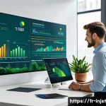 Home 22 임팩트 투자 트렌드 및 전망 - A modern European investment office scene showing diverse professionals analyzing large digital scre...